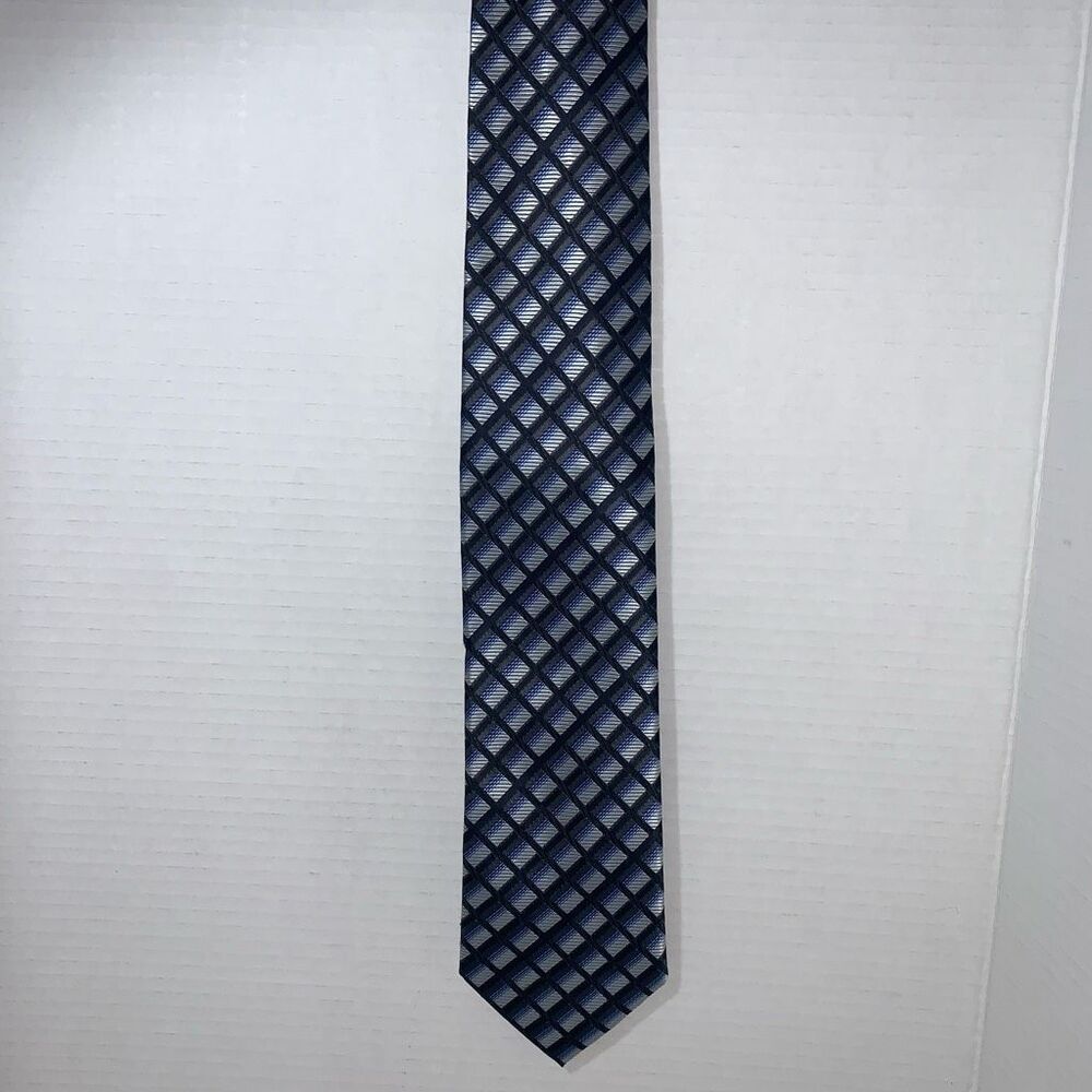 Croft & Barrow Mens‎ Neck Tie Blue Black Check Stripe Pattern Polyester